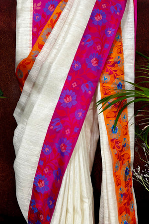 Pearl White Jute Silk Saree with  Jamdani Silk Border