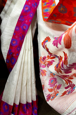 Pearl White Jute Silk Saree with  Jamdani Silk Border