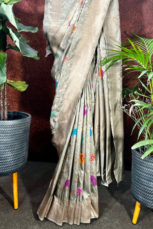 Taupe Grey Handwoven Banarasi katan silk saree with all over Jaal design on body