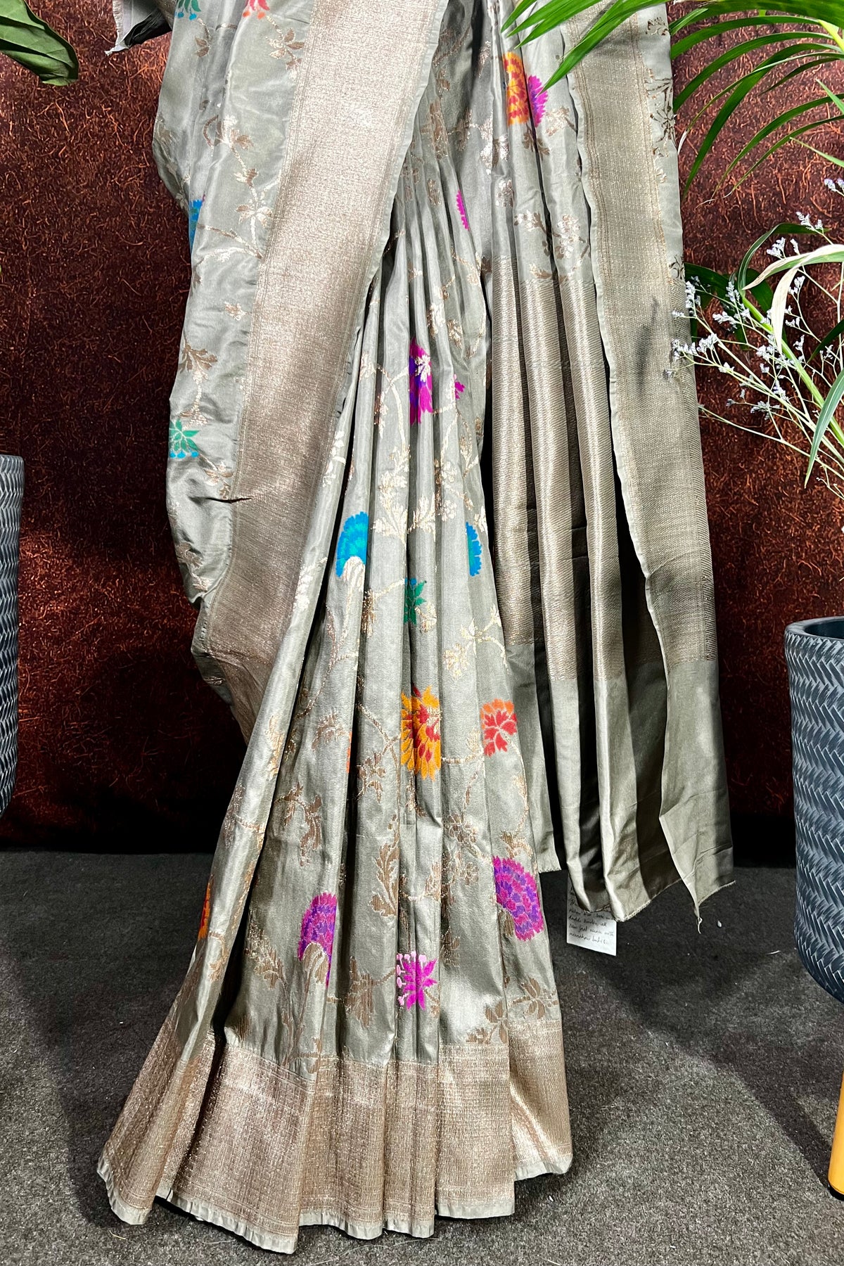 Taupe Grey Handwoven Banarasi katan silk saree with all over Jaal design on body