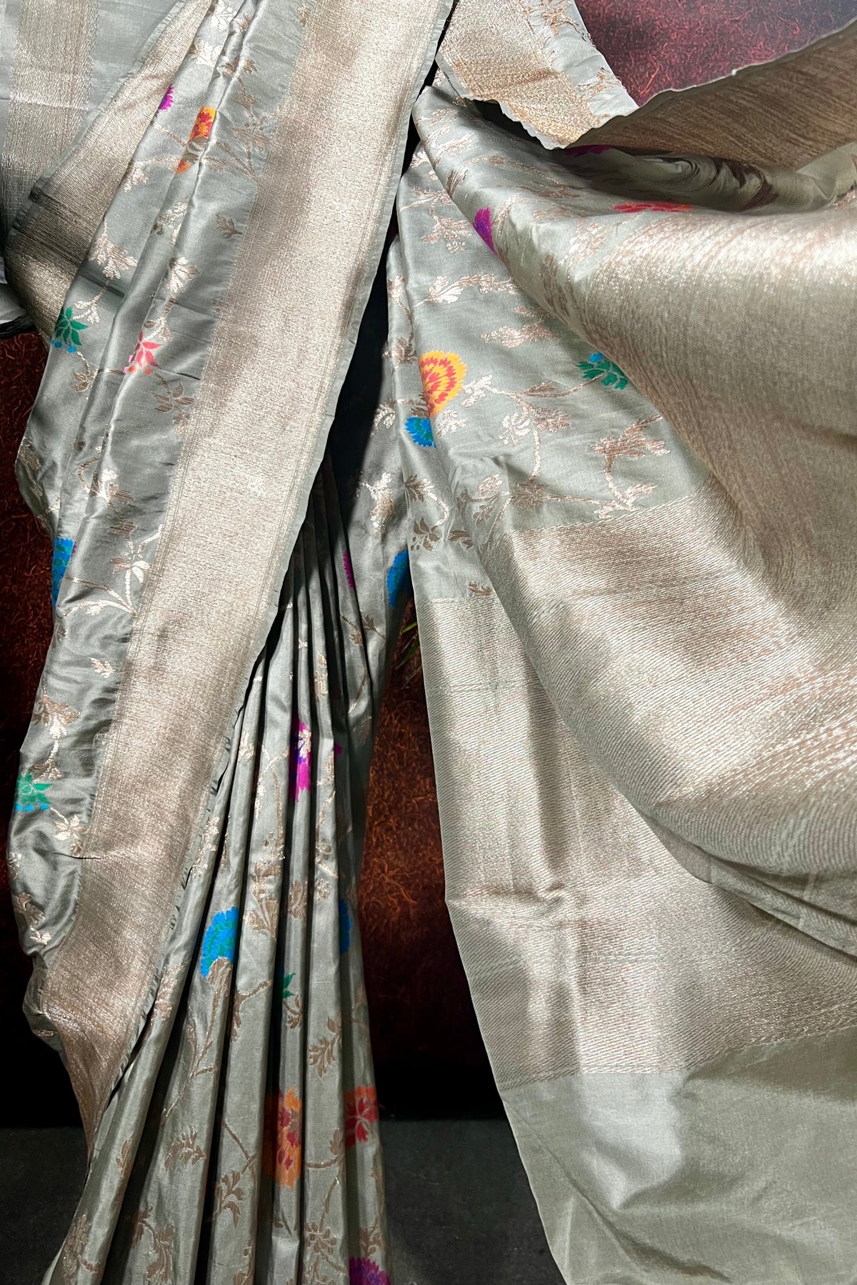 Taupe Grey Handwoven Banarasi katan silk saree with all over Jaal design on body